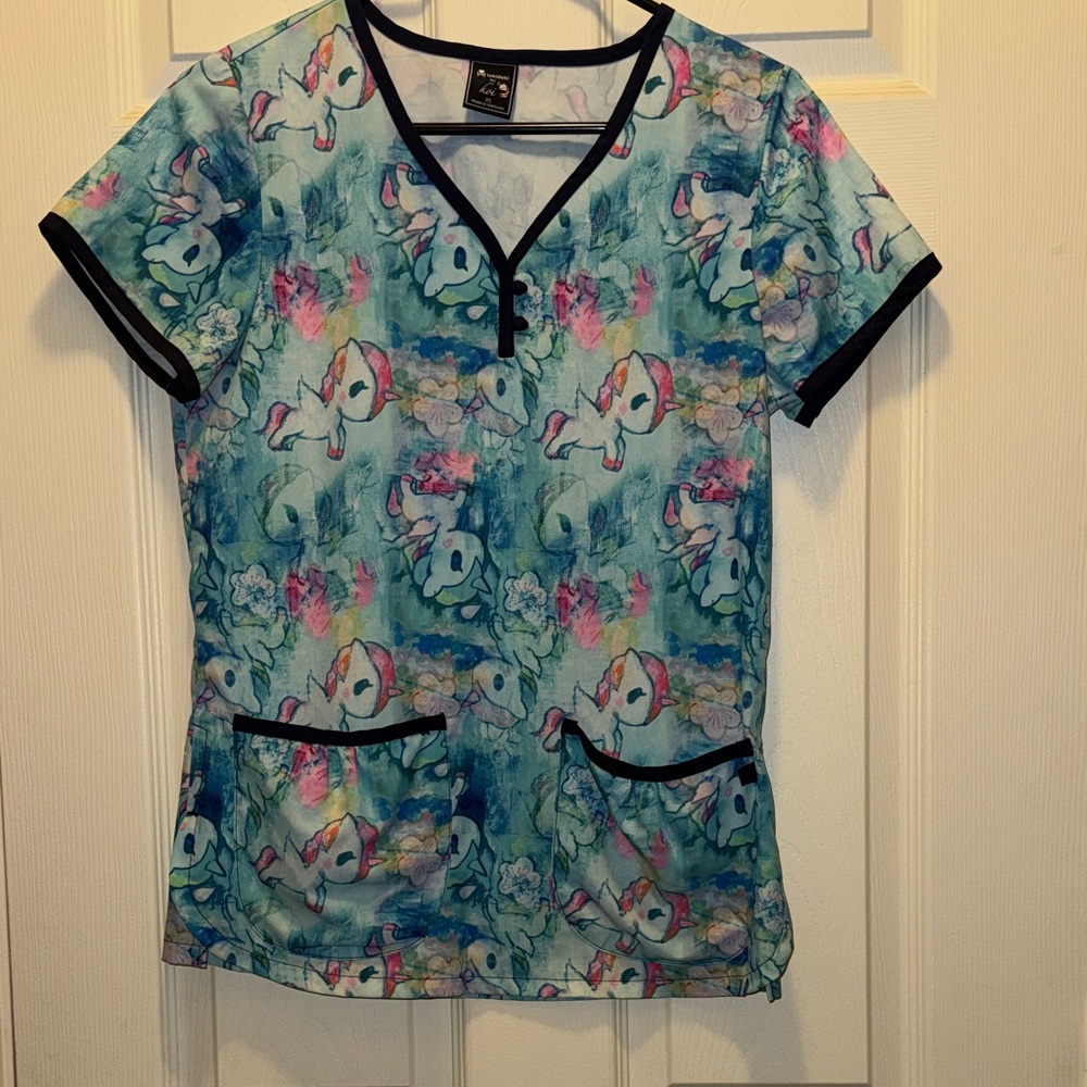 Colorful Cartoon Print Scrub Top